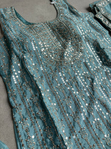 Pastel collection - Aqua blue chine sequins mirror look embroidered sharara set (plus size)