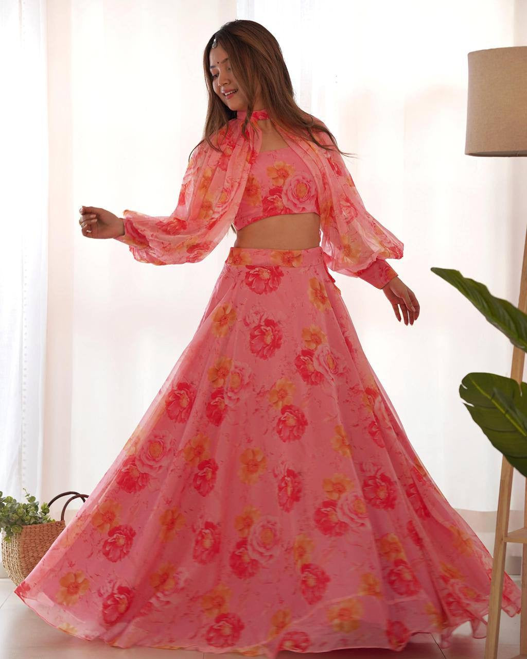 Multi floral organza light pink readymade Indo western Lehenga