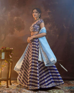 Blue and gold zig zag floral Lehenga