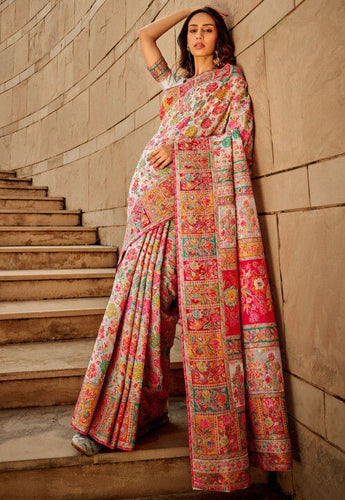 Pearl white Kashmiri Weaving Modal Silk Saree