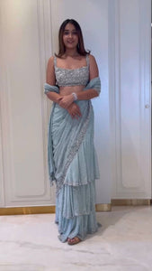 Light blue sequinned layered Lehenga saree