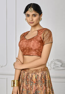 Peach bird and floral print silk timeless ethnic Lehenga