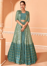 Janisha - chinnon embroidered sea green Lehenga choli with koti