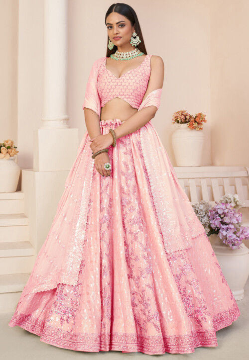 Pink georgette floral and sequins Lehenga