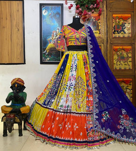 Bright abstract muslin cotton mirror work chaniya choli