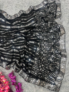 Black and silver partywear sequins saree