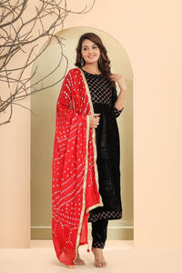 Winter collection - velvet salwaar kameez with red bandhani dupatta