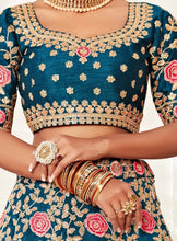 Blue silk with coral and pink floral Lehenga