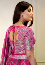 Pink organza bird and floral print Lehenga