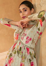 Floral printed chinon anarkali in mint green