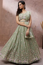 Pistachio green georgette embroidered flared Lehenga