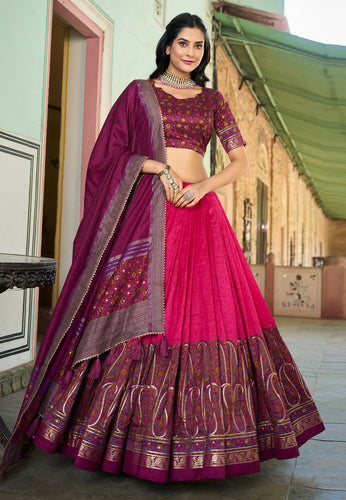 Tussar silk Lehenga with keri design in hot pink and purple