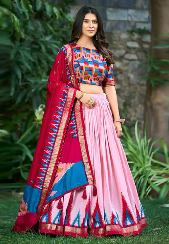 Tussar silk tilakavati Lehenga in pink