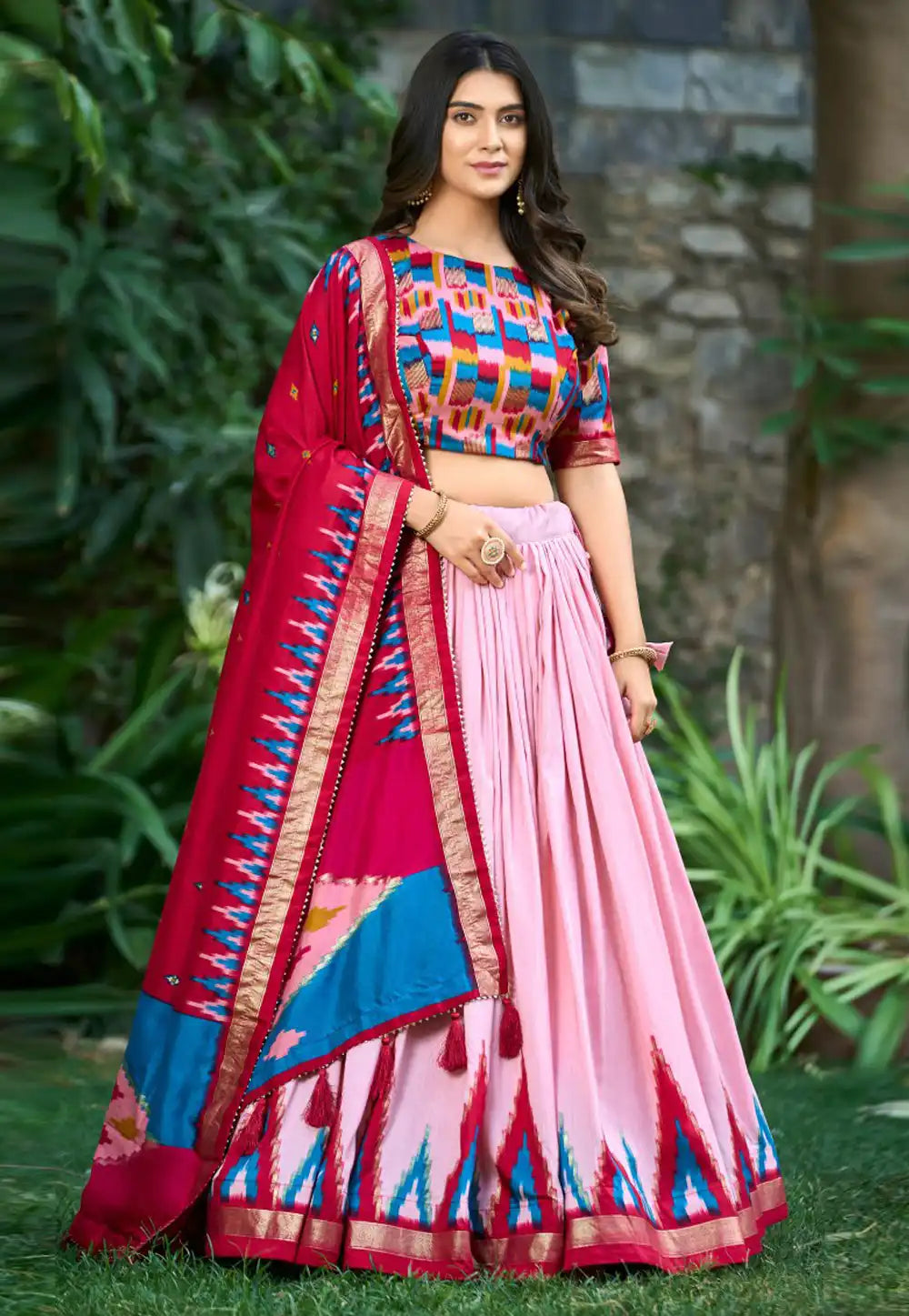 Tussar silk tilakavati Lehenga in pink