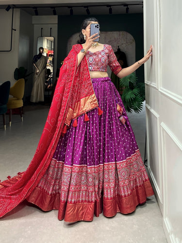 Sangeet nights - dola silk with bandhani and ajrakh print chaniya cholis (skirt stitched) in purple