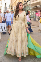 Ivory silk anarkali with green bandhani print dupatta