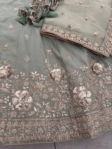 Pista green and gold chinnon embroidered Lehenga