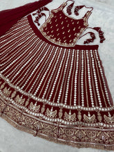 Deep red embroidery and mirror work Lehenga