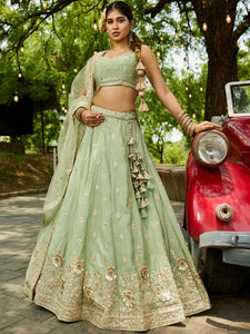 Pista green and gold chinnon embroidered Lehenga