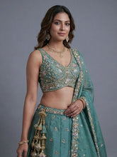 Sea Green floral tissue embroidered lehenga