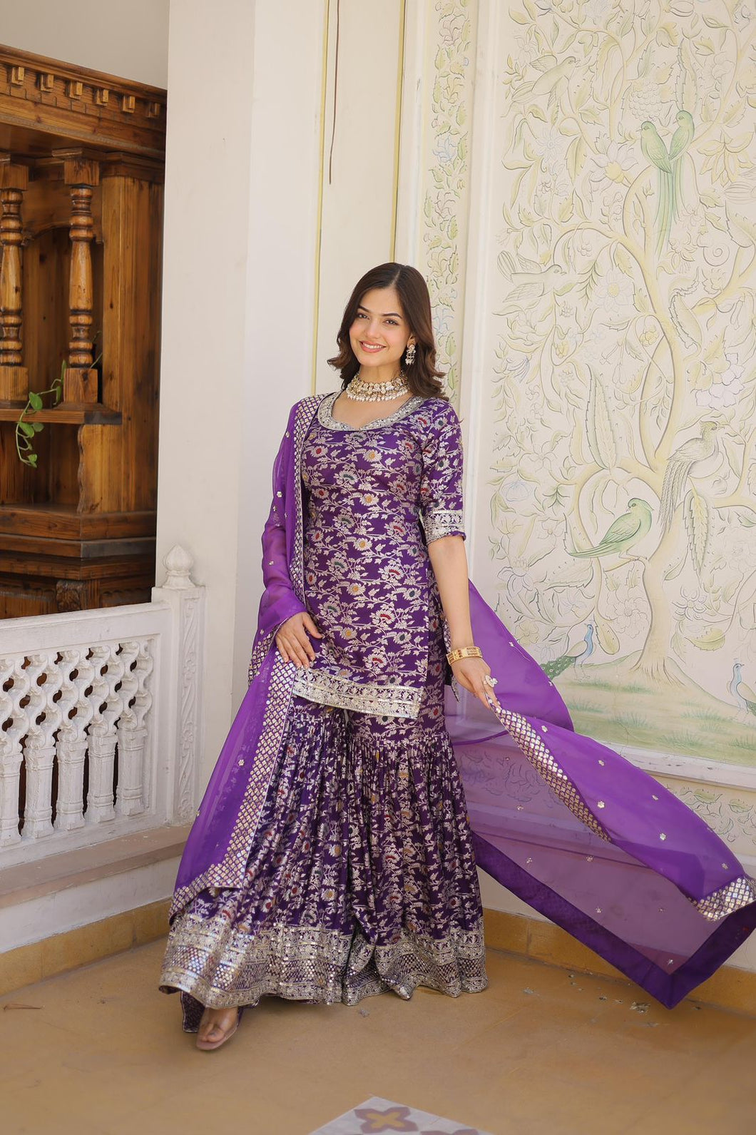 Viscose jacquard sequins gharara readymade set in purple