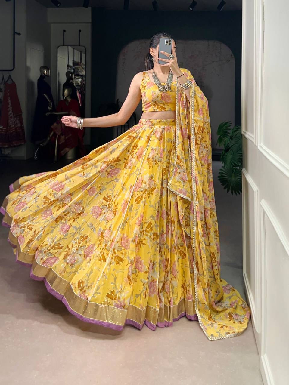 Chiffon florals readymade Lehenga in yellow