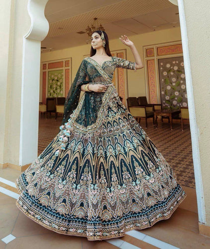 Dark green satin silk Lehenga