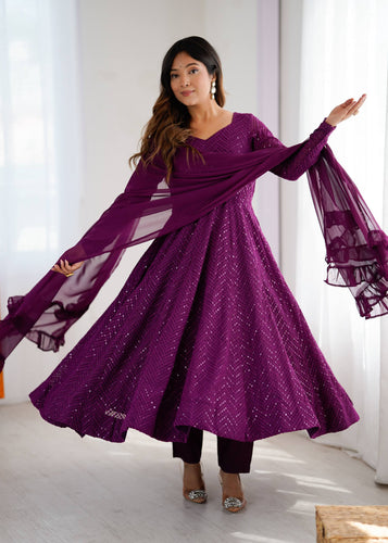 Wine kali pattern sequinned anarkali