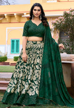 Tussar silk Lehenga in green with white flowers