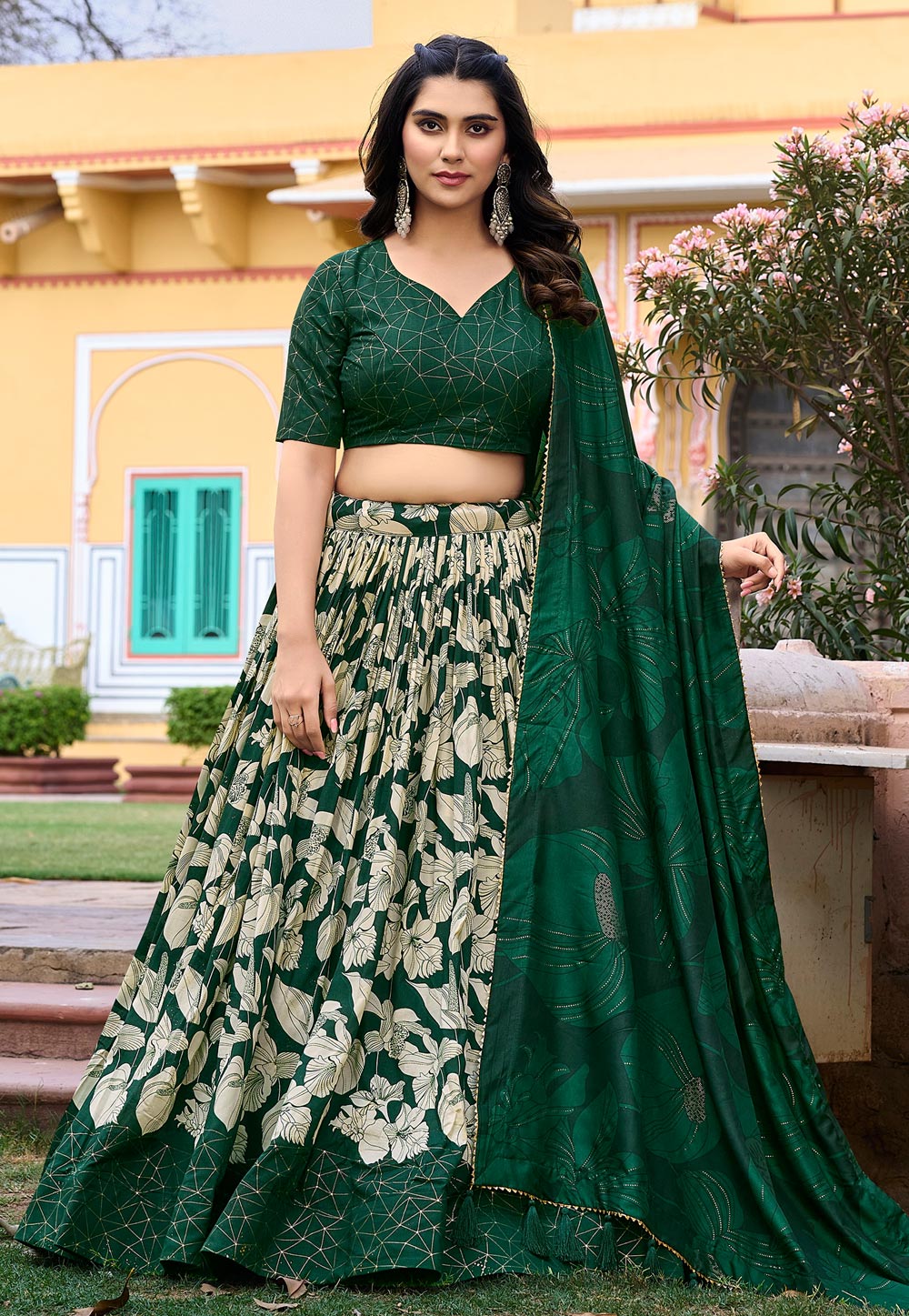 Tussar silk Lehenga in green with white flowers