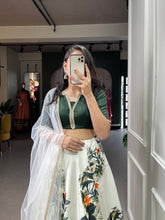 Indo western style - White zari satin digital print Lehenga (dark green blouse piece)