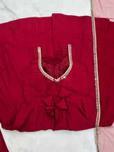 Roman chanderi silk anarkali set in maroon (sleeves available)