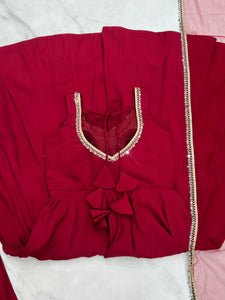 Roman chanderi silk anarkali set in maroon (sleeves available)