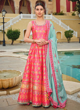 Bright pink embroidery and printed Dola silk gown