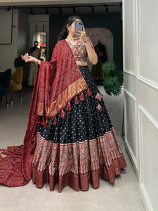 Sangeet nights - dola silk with bandhani and ajrakh print chaniya cholis (skirt stitched) in black