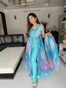 Abstract front slit with pants anarkali in blue - readymade