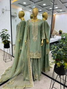Sage green chinon silk gharara readymade
