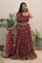 Wine floral printed organza silk lehenga