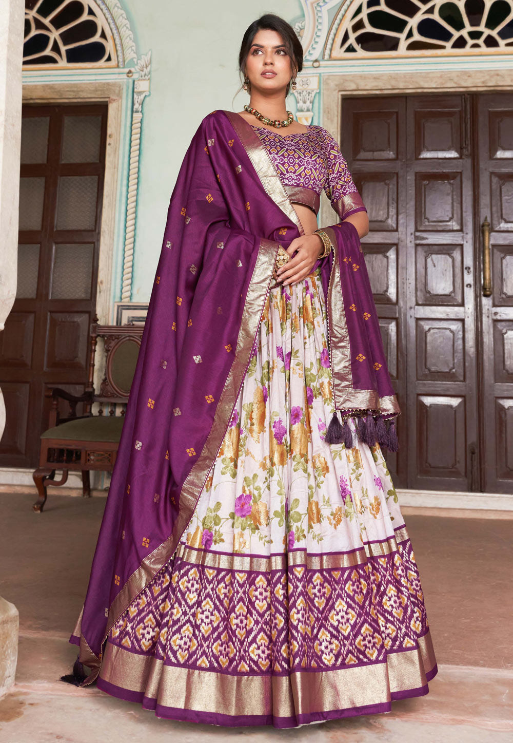 Tussar silk floral Lehenga in wine