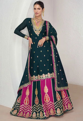 Embroidered chinon silk Lehenga in teal (long top)