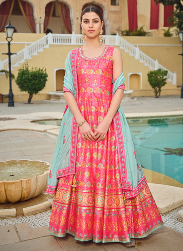 Bright pink embroidery and printed Dola silk gown