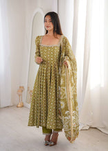 Olive green printed muslin silk Anarkali