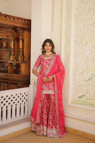 Viscose jacquard sequins gharara readymade set in Rani pink