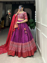 Sangeet nights - dola silk with bandhani and ajrakh print chaniya cholis (skirt stitched) in purple