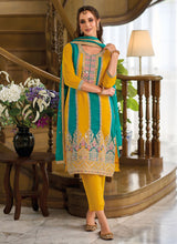 Jasmine - thread embroidered salwaar suits in turquoise and yellow