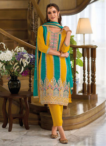 Jasmine - thread embroidered salwaar suits in turquoise and yellow