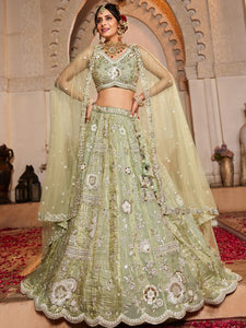 Pista Green Embroidered tissue fabric Lehenga