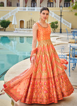 Orange embroidery and printed Dola silk gown
