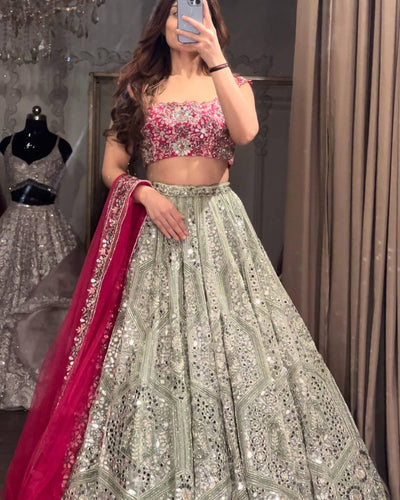 Exquisite diamond silk sage green Lehenga with contrasting colours