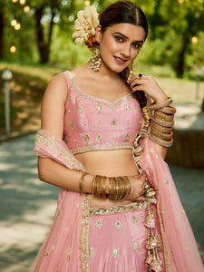 Pink and gold chinnon embroidered Lehenga